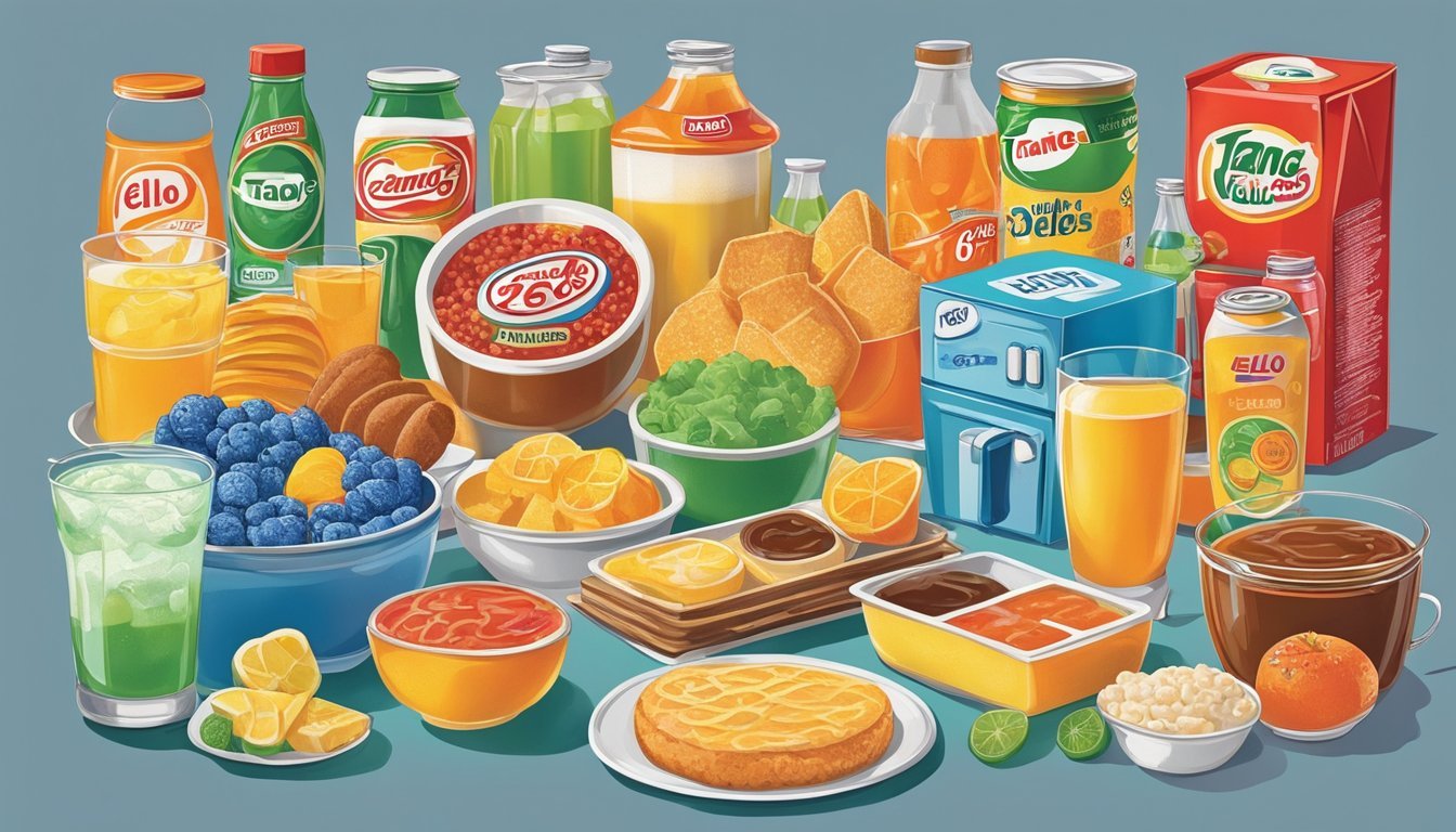 A colorful display of iconic 60s, 70s, and 80s foods and drinks, including Tang, Jello molds, TV dinners, Tab soda, and fondue sets