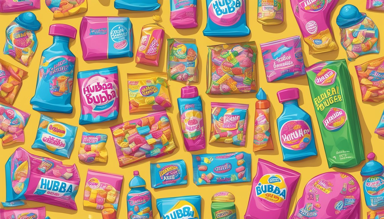 A colorful display of vintage packaging for Hubba Bubba Bubble Gum, surrounded by iconic 60s, 70s, and 80s snacks and drinks