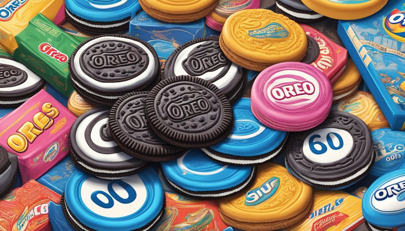 A colorful display of Oreo Big Stuf cookies surrounded by vintage packaging and retro advertisements from the 60s, 70s, and 80s