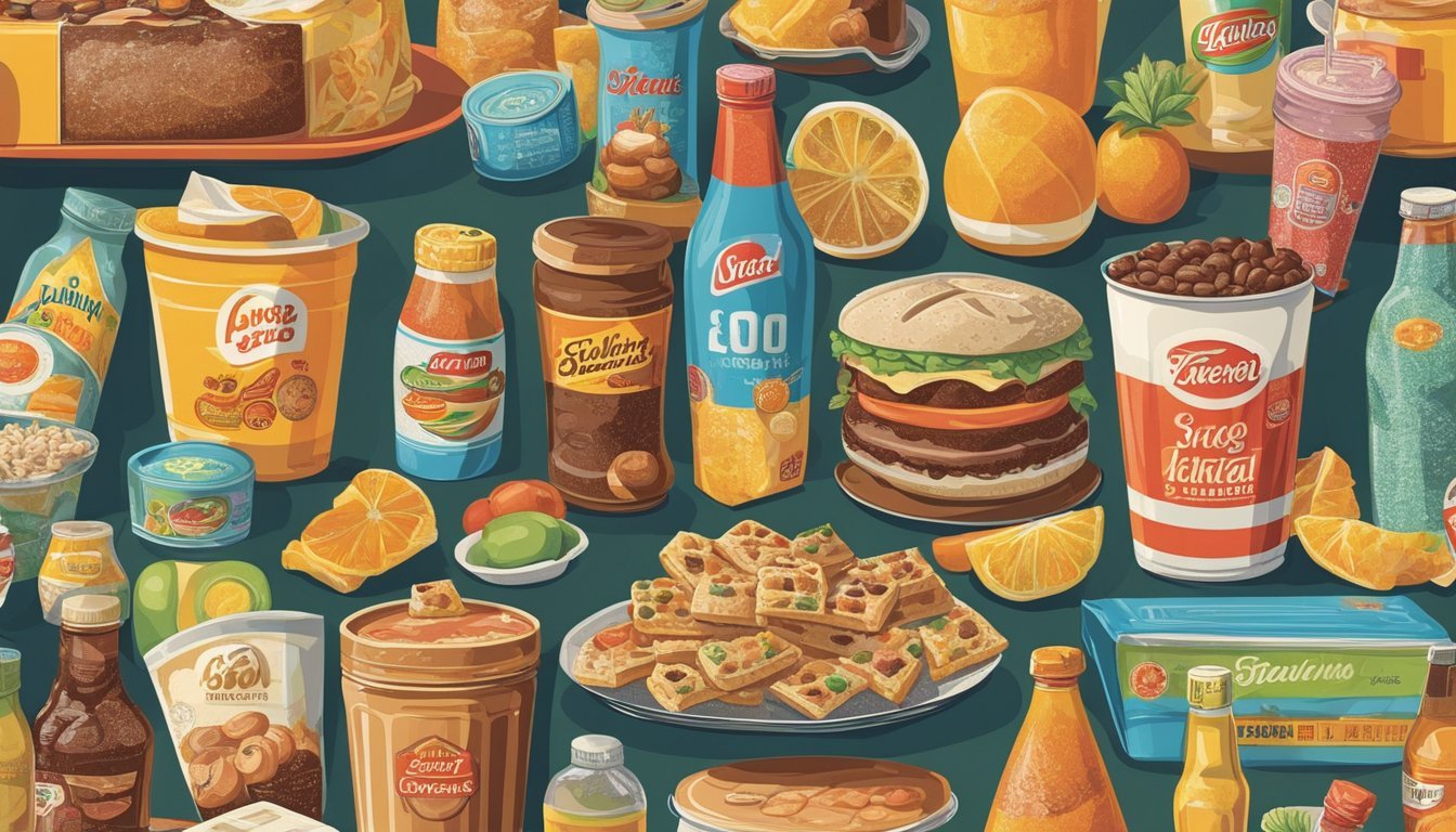 A table filled with nostalgic foods and drinks from the 60s, 70s, and 80s.</p><p>Colorful packaging and retro designs evoke a sense of cultural influence on food trends