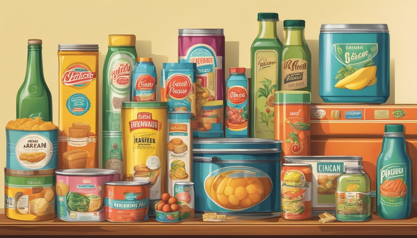 A colorful display of vintage food and drink packaging from the 60s, 70s, and 80s, arranged on a retro kitchen counter or shelf