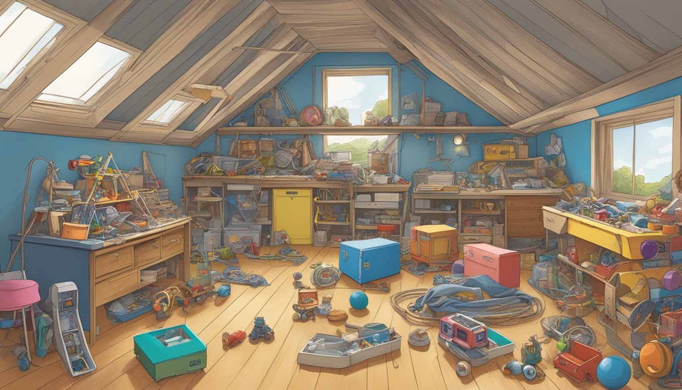 A cluttered attic filled with vintage toys from the 1970s, including a dusty Etch A Sketch, a worn-out Spirograph, and a faded Stretch Armstrong doll