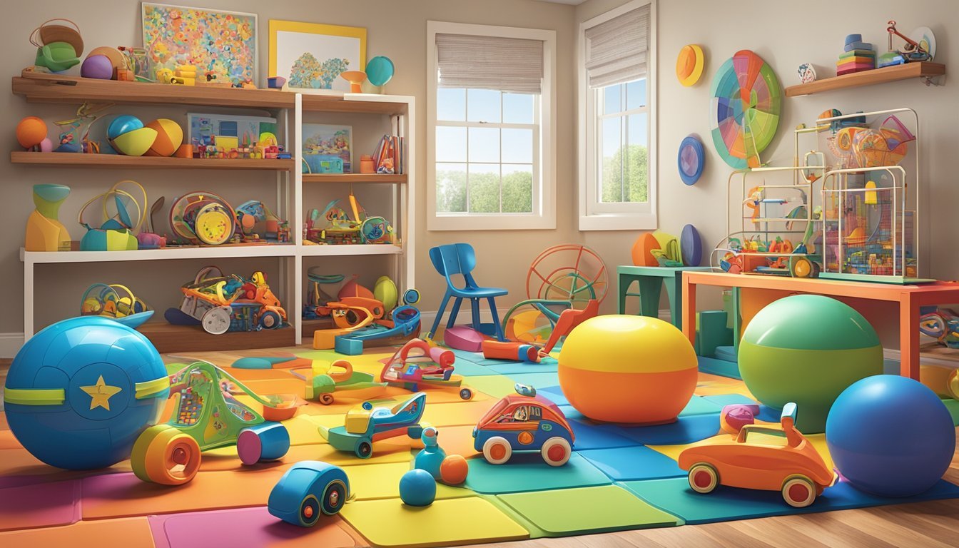 A colorful array of vintage toys scattered across a child's playroom, including iconic 70s favorites like Lite-Brite, Spirograph, and Shrinky Dinks