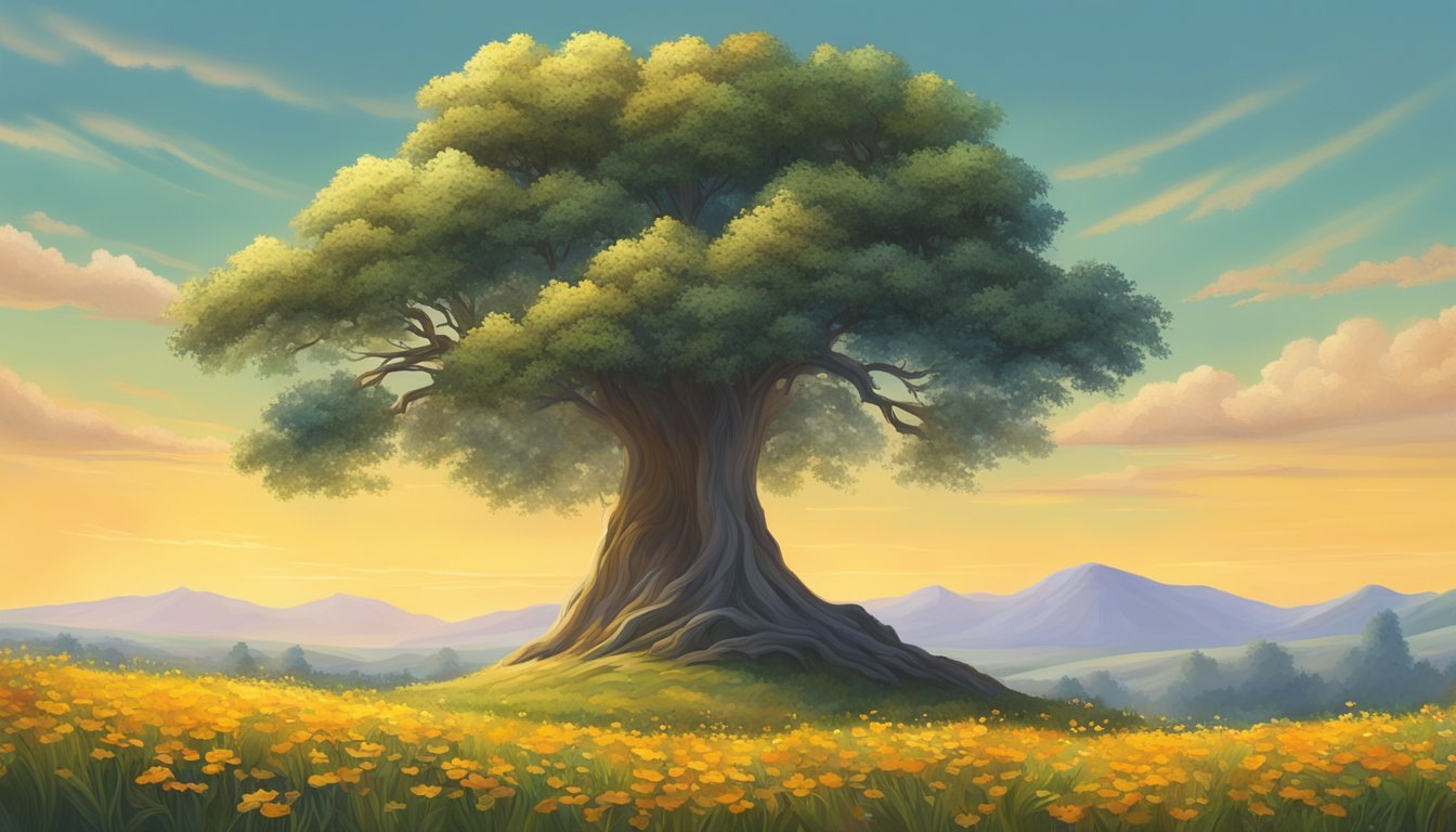 A lone tree standing tall amidst a field of wildflowers, bathed in warm sunlight, exuding confidence and strength