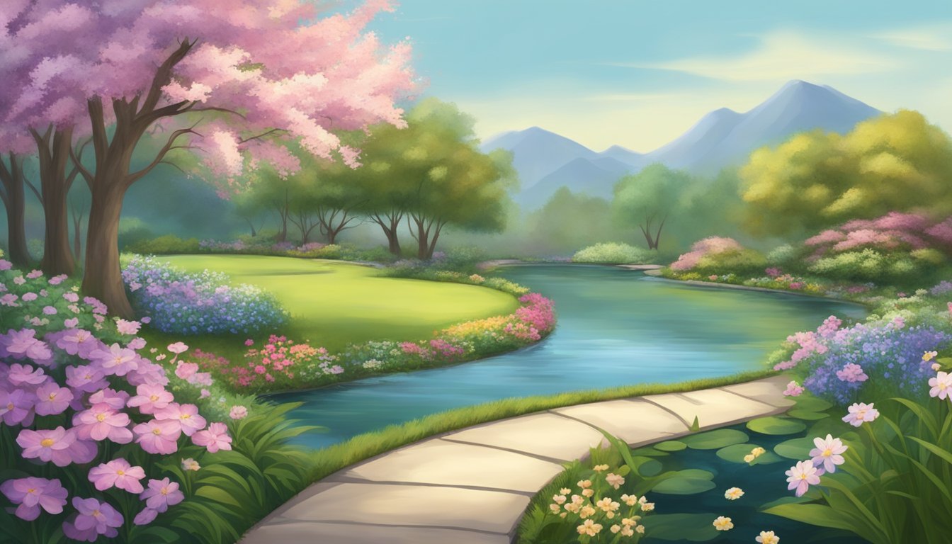 A serene garden with blooming flowers, a winding path, and a peaceful pond reflects personal and spiritual growth