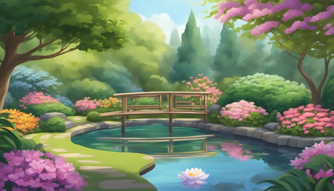 A serene garden with blooming flowers, a tranquil pond, and a peaceful meditation area surrounded by lush greenery