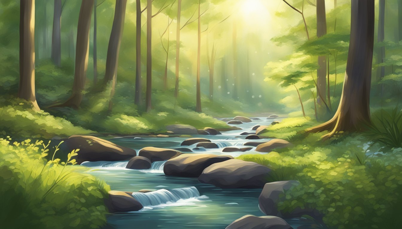 A serene forest clearing with dappled sunlight, a bubbling stream, and a peaceful atmosphere for guided meditation