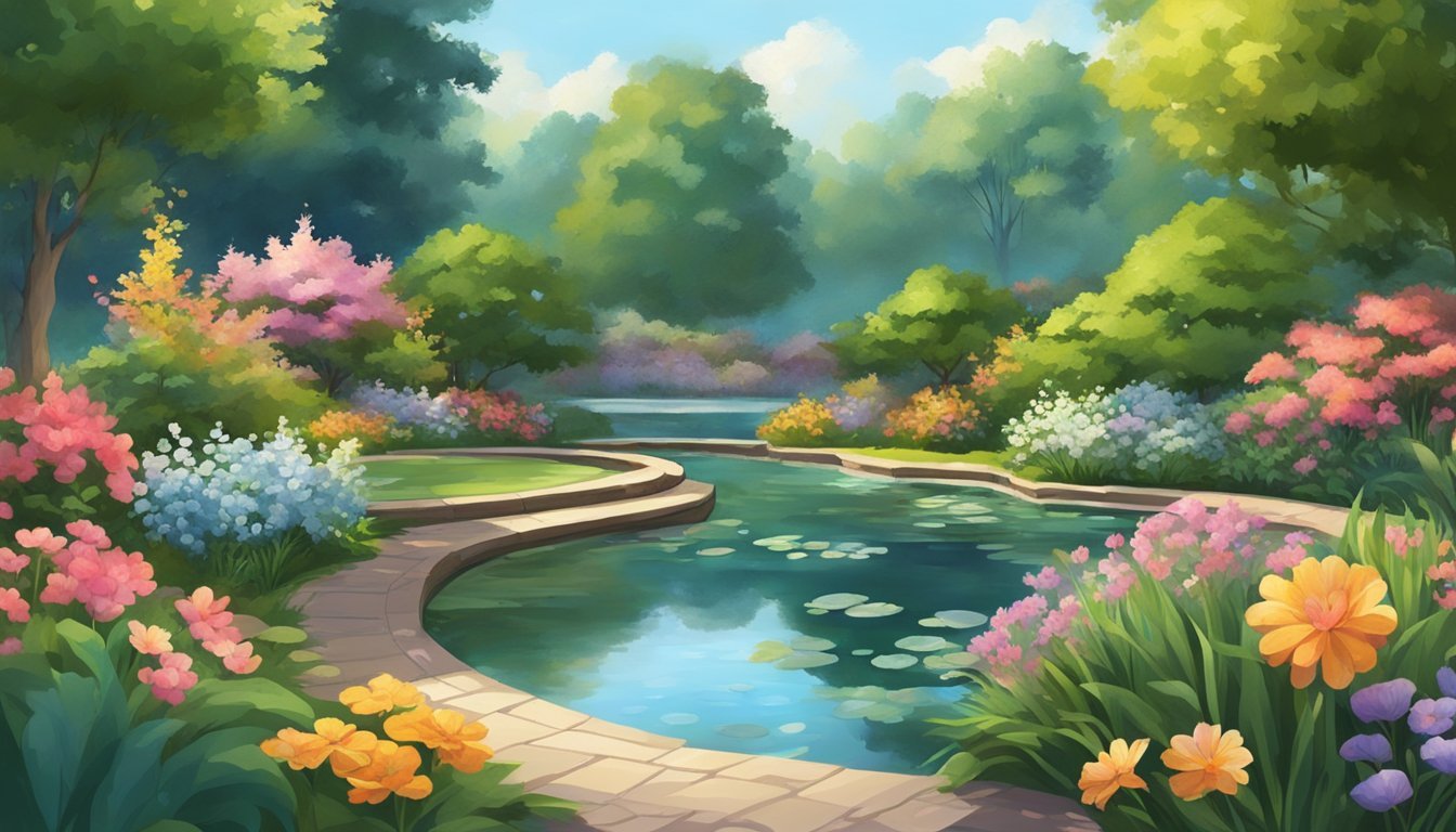 A serene garden with a peaceful pond, surrounded by lush greenery and colorful flowers, with a gentle breeze rustling the leaves