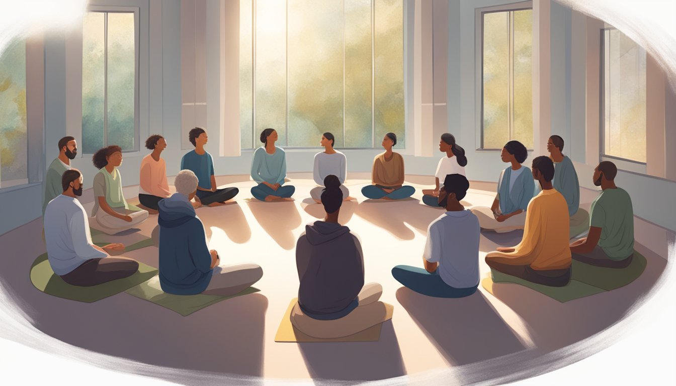 Participants sit in a circle, eyes closed, focusing on a mantra.</p><p>Soft light filters through the room, creating a serene atmosphere.</p><p>A sense of calm and introspection permeates the space