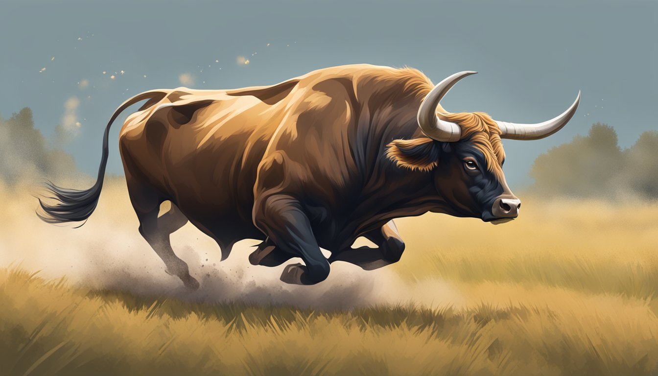 A bull charging through a field, muscles tense, horns lowered, and dust kicking up behind it