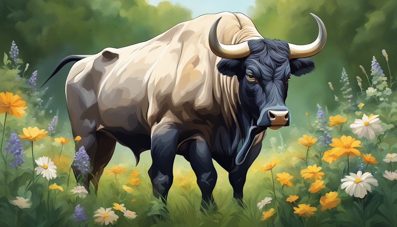 A powerful bull stands in a field, surrounded by lush greenery and blooming flowers, its strong and sturdy presence exuding confidence and determination