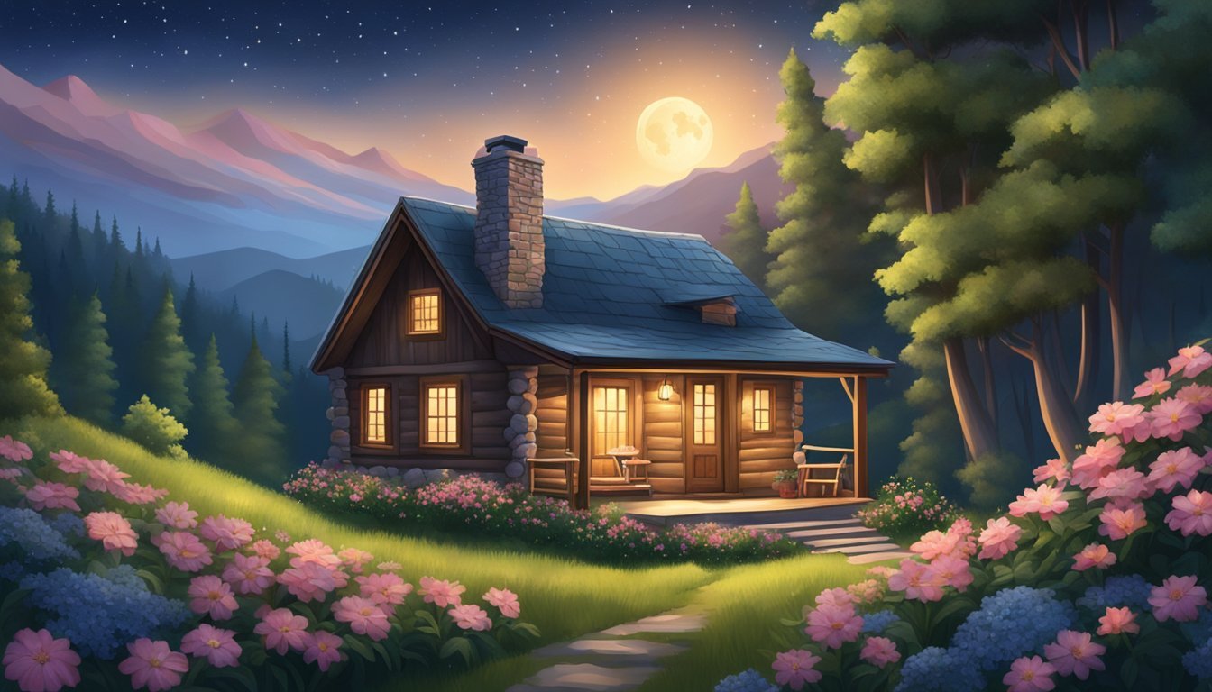 A cozy cabin nestled in the mountains, surrounded by lush greenery and blooming flowers.</p><p>A crackling fireplace sets the scene for a romantic getaway under the starry night sky