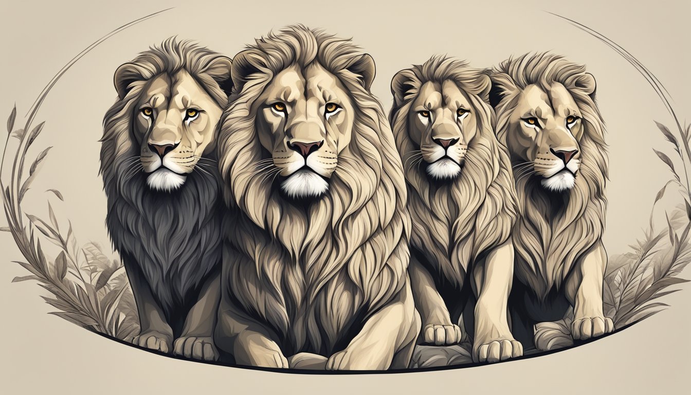 A circle of lions standing strong, facing outward, symbolizing unity and strength in overcoming obstacles