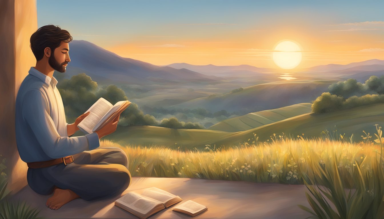 A sun rising over a serene landscape, with a person reading a religious text, praying, and engaging in acts of kindness throughout the day