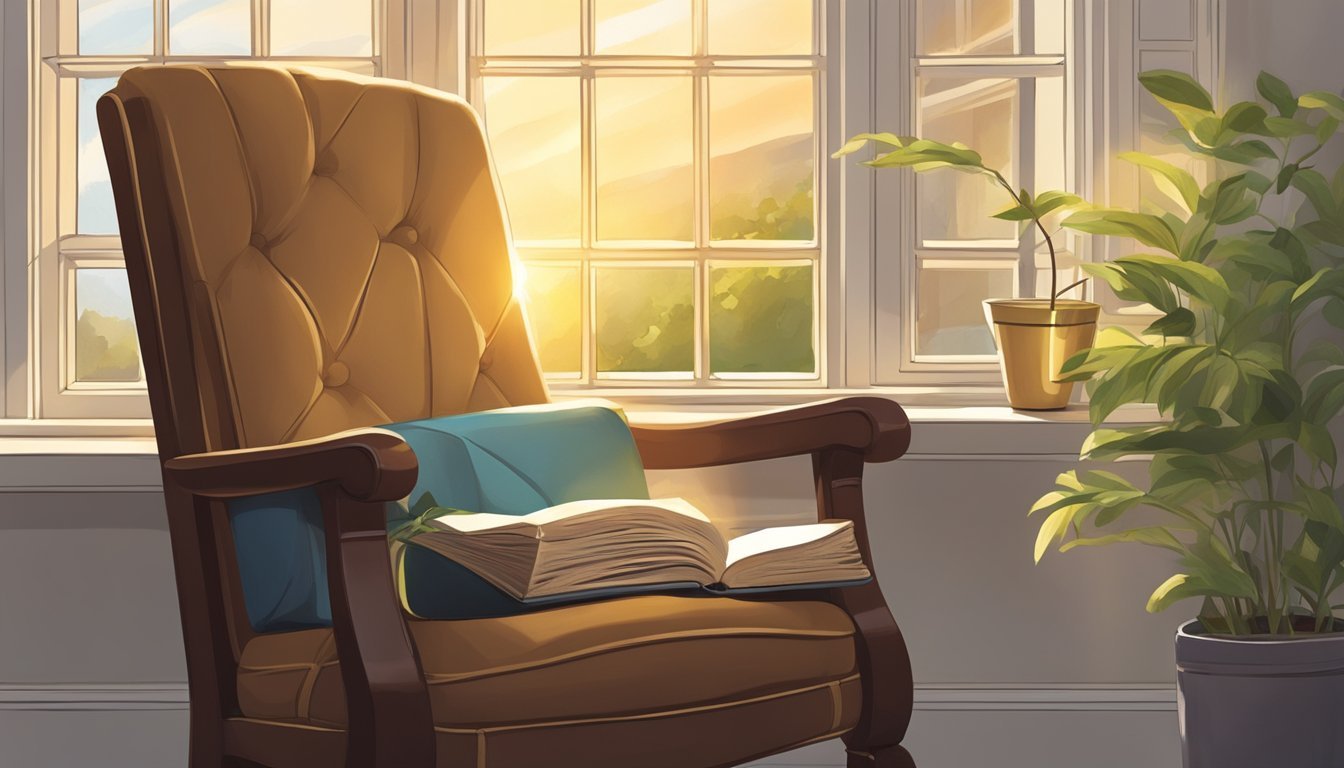 A cozy chair by a window with a Bible, journal, and cup of tea.</p><p>Sunlight streams in, casting a warm glow on the scene.</p><p>A peaceful, serene atmosphere