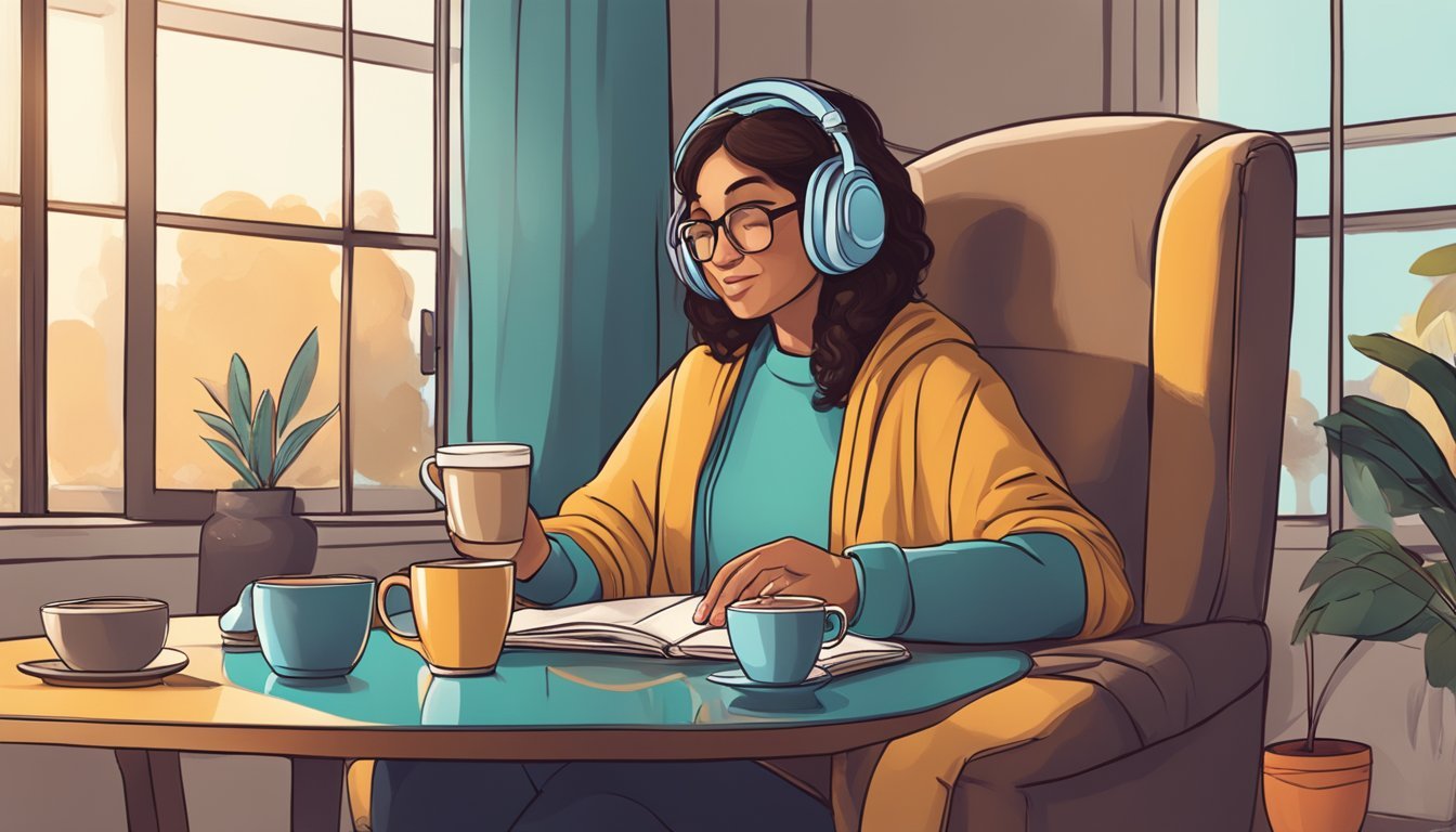 A person sitting in a cozy chair, headphones on, listening to a podcast.</p><p>A warm cup of coffee sits on the table next to them, as they absorb the message of faith and inspiration