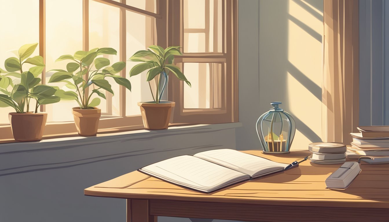 A serene, sunlit room with an open journal and pen on a wooden table.</p><p>A beam of light shines on the page, symbolizing gratitude and faith