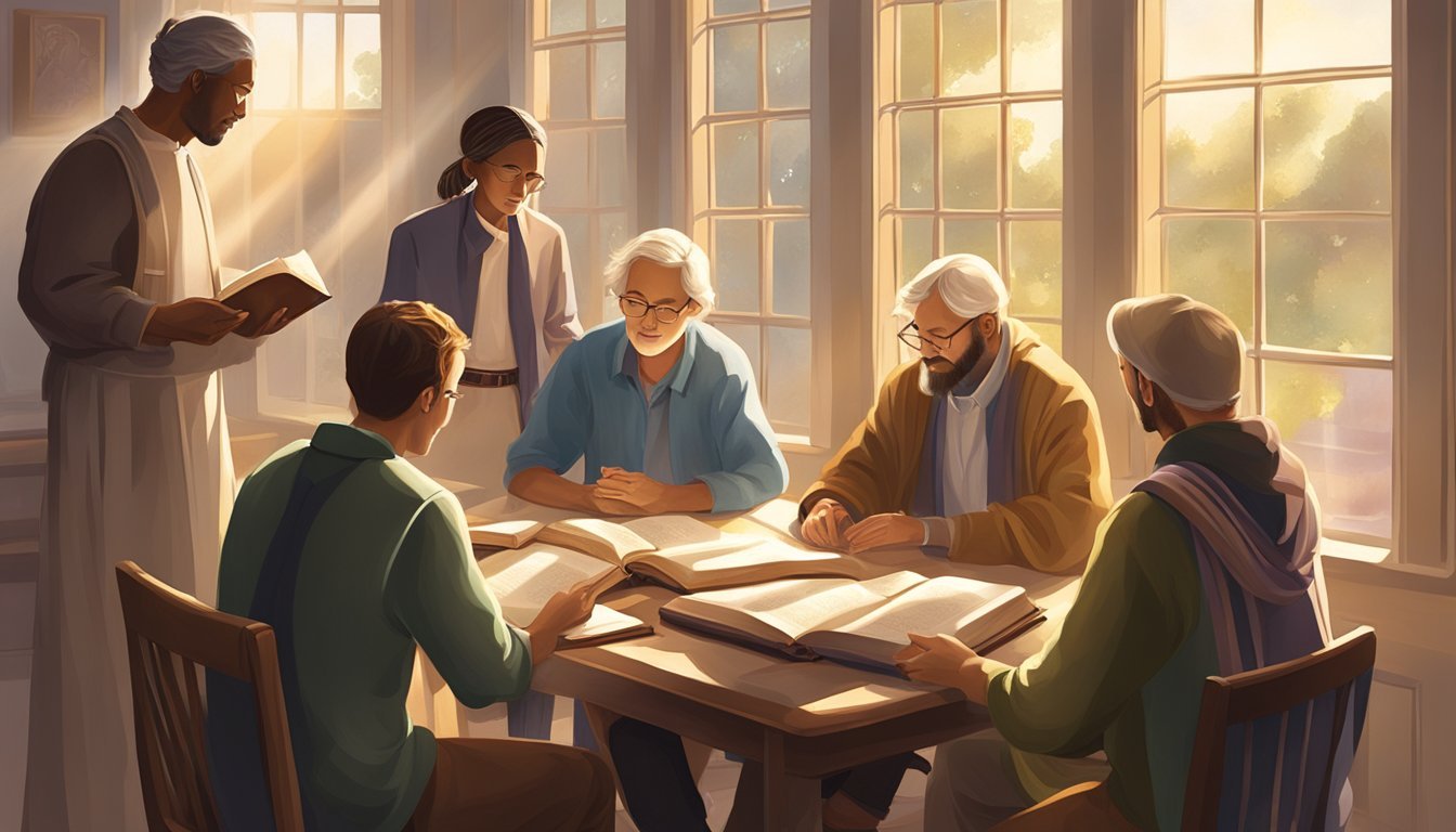 A group of people gather around a table with open Bibles, discussing and sharing their faith.</p><p>Sunlight streams through the window, casting a warm glow on the scene.</p><p>A sense of community and spiritual connection is palpable