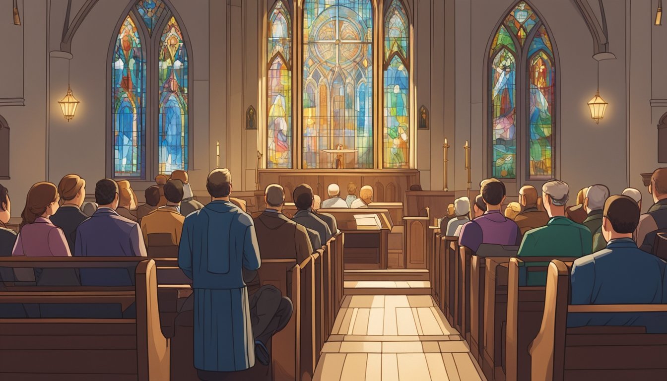 A group of people gather in a church, sitting in pews, with sunlight streaming in through stained glass windows.</p><p>A pastor stands at the pulpit, delivering a sermon.</p><p>Bibles and hymnals are open on the seats