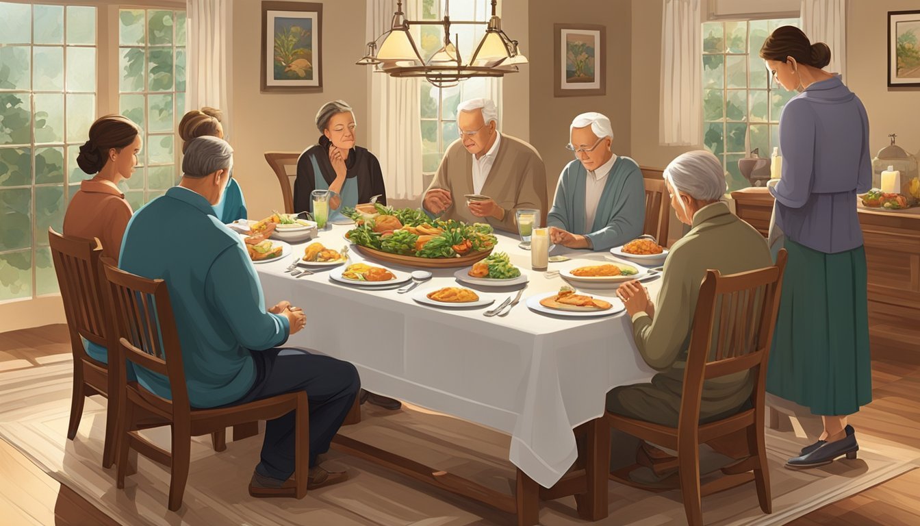 A dining table set with a simple meal, surrounded by family members with bowed heads in prayer.</p><p>A warm, inviting atmosphere with soft lighting and a sense of reverence