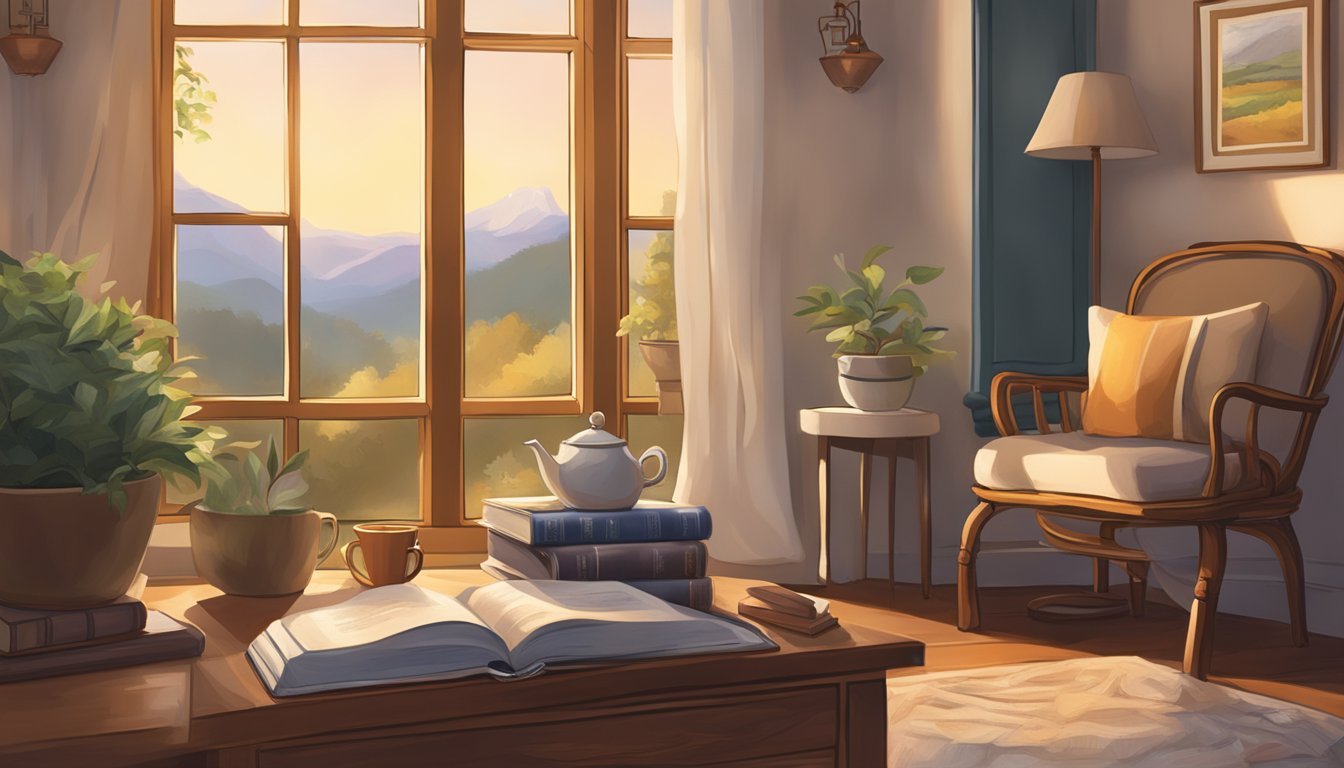 A cozy armchair bathed in warm light, with a stack of devotional books and a steaming cup of tea on a side table.</p><p>A window reveals a serene outdoor scene, inviting quiet contemplation