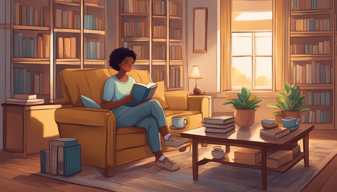 A person sitting in a cozy living room, surrounded by faith-based movies on the shelves.</p><p>A warm cup of tea and a Bible on the table, creating a peaceful and spiritual atmosphere