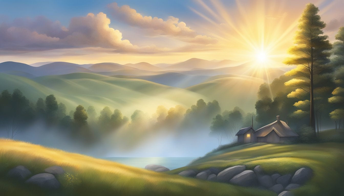 A serene sunrise over a tranquil landscape, with a beam of light shining through the clouds, symbolizing the infusion of faith into daily routines