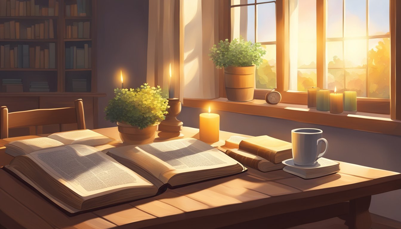 A cozy home with a warm, inviting atmosphere.</p><p>A table set with a Bible, candles, and a journal.</p><p>Sunlight streaming in through the window, creating a peaceful and serene setting