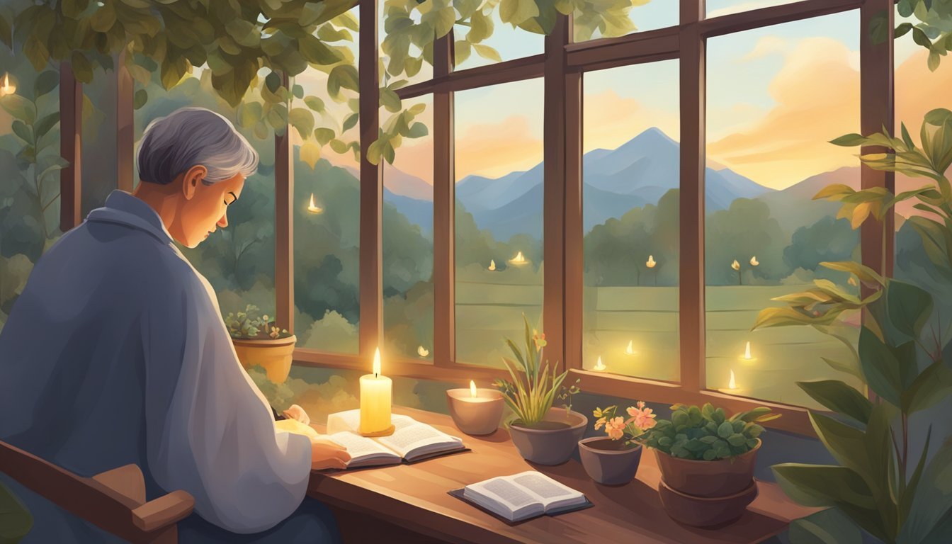 A person lighting a candle, setting up a prayer corner, helping a neighbor, donating to charity, reading a religious text, and meditating in nature