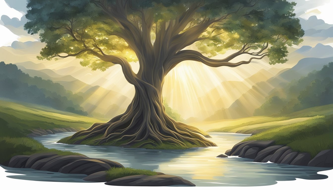 Sunlight streams through dark clouds, illuminating a path.</p><p>A tree stands tall, roots firmly grounded.</p><p>A stream flows steadily, symbolizing life's resilience.</p><p>Bible verses hover in the air, offering hope and strength