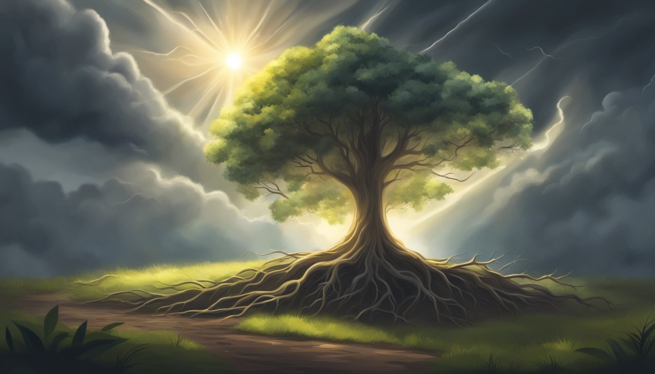 A beam of light shines through dark clouds, illuminating a path.</p><p>A strong tree stands tall amidst the storm, with roots firmly planted in the ground