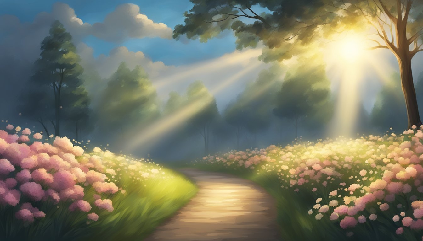 A beam of light shining through dark clouds, illuminating a path.</p><p>Trees and flowers blooming in the distance.</p><p>A sense of hope and promise in the air