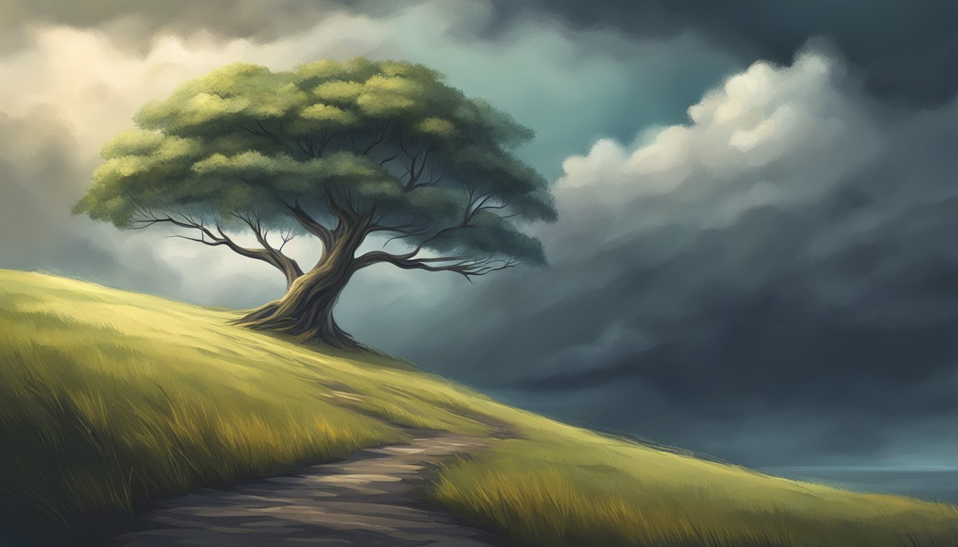 A serene landscape with a solitary tree standing against a stormy sky, symbolizing strength and hope amidst difficult times