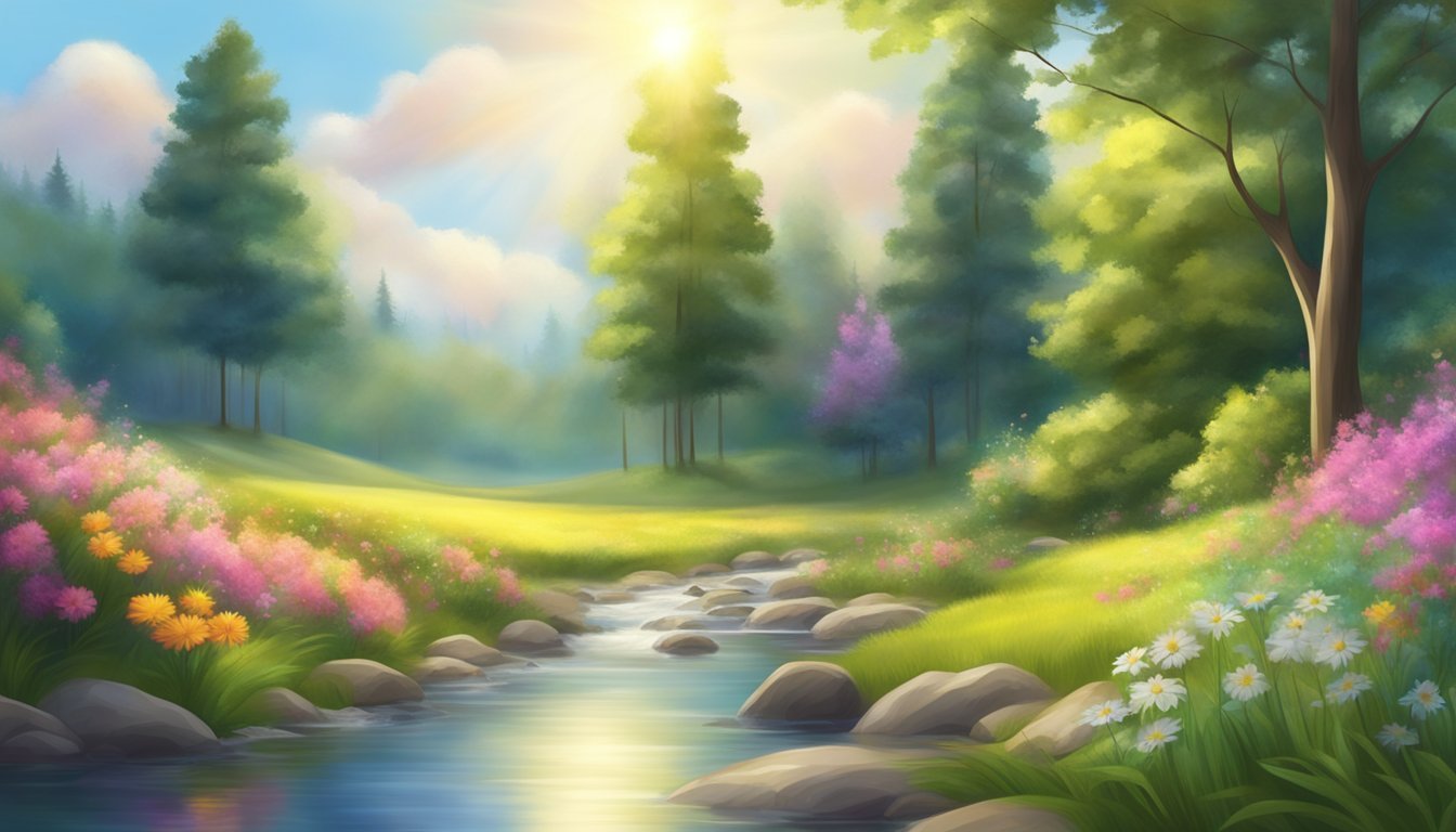 A peaceful meadow with a gentle stream, surrounded by tall trees and colorful flowers, with rays of sunlight breaking through the clouds