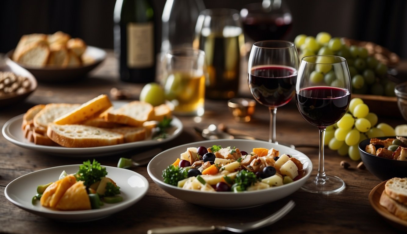 A table set with mismatched wine and food items, creating a chaotic and unappealing scene