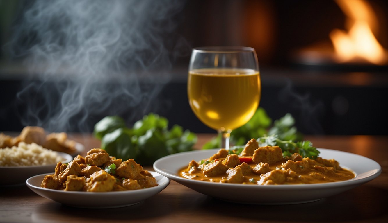 A glass of chardonnay sits next to a steaming bowl of spicy Indian curry, creating a mismatched pairing that could ruin a dinner