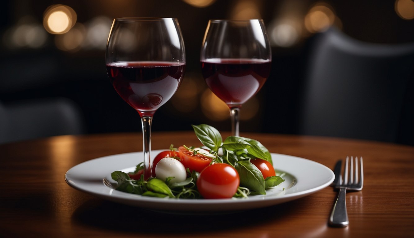 A glass of merlot sits next to a plate of Caprese salad.</p><p>The mismatched pairing is emphasized by the bold text "The 7 Worst Wine and Food Pairings That Will Ruin Your Dinner."