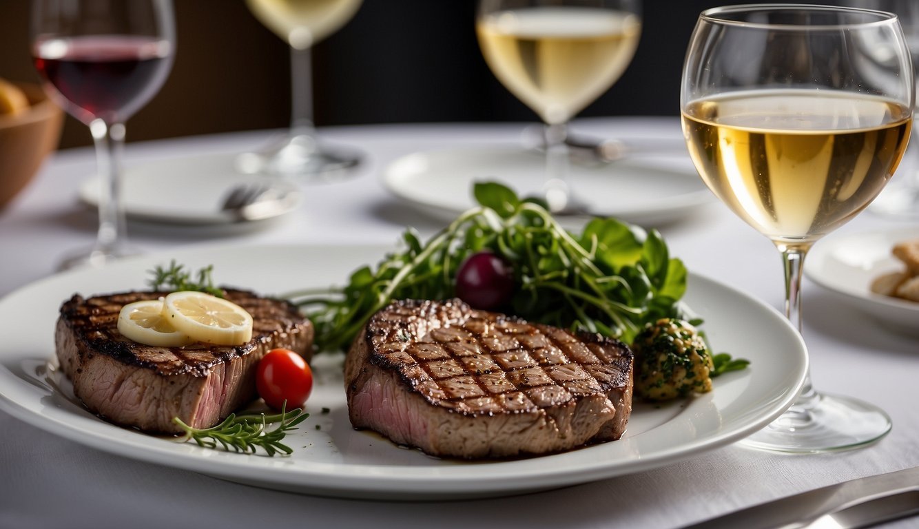 A glass of Sauvignon Blanc sits next to a perfectly grilled steak on a white plate.</p><p>The wine and food do not complement each other, creating a disastrous pairing