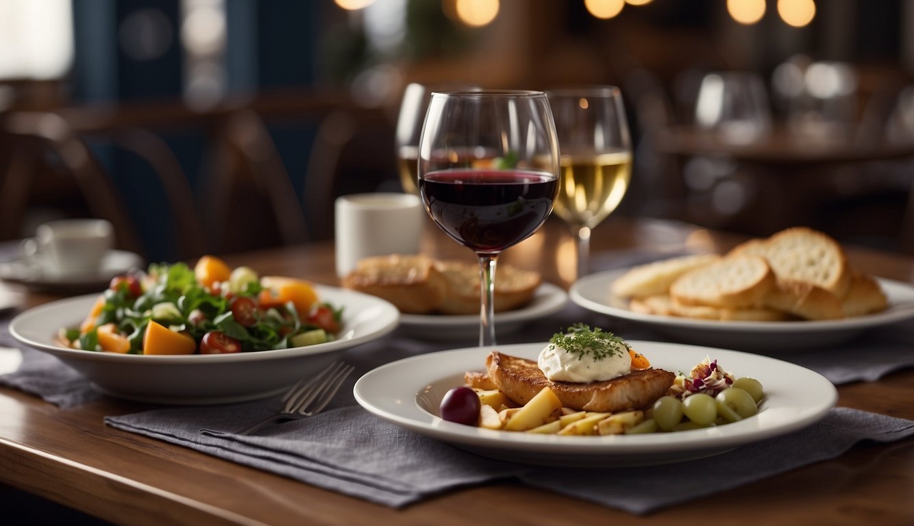 A table set with mismatched wine and food pairings, causing a displeased expression on the face of a diner