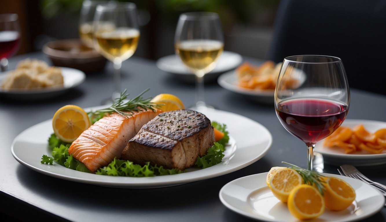 A red wine glass next to a plate of fish.</p><p>A white wine glass next to a steak.</p><p>A mismatched pairing of wine and food