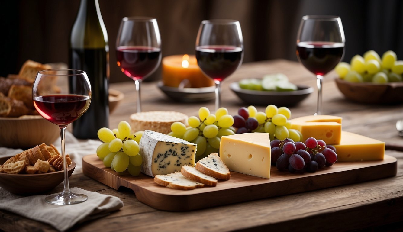 A table set with various wine bottles, glasses, and tasting notes.</p><p>Cheese and fruit platters arranged nearby.</p><p>Soft lighting and cozy atmosphere