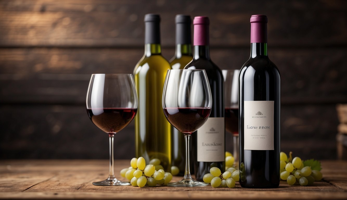 Colorful wine bottles arranged on a rustic wooden table, with elegant wine glasses and tasting notes.</p><p>Invitations displayed nearby