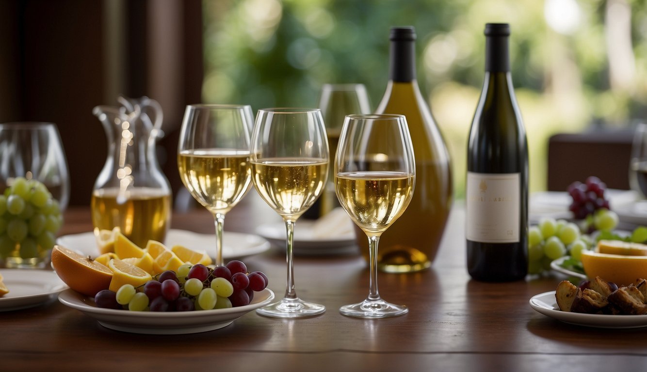 A table is set with wine glasses, bottles, and water pitchers.</p><p>A sign reads "12 Things to Know Before You Host a Wine Tasting Party."