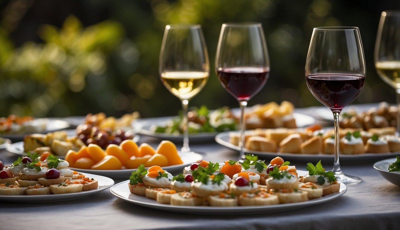 A table set with various light appetizers and wine glasses arranged for a tasting party