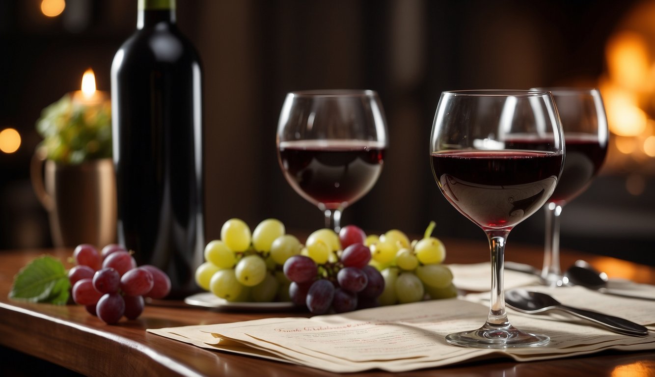 A table set with scorecards, wine glasses, and bottles.</p><p>A cozy atmosphere with dim lighting and wine-themed decorations