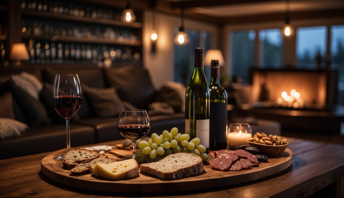 A cozy living room with soft lighting, comfortable seating, and a rustic wine bar set up with various bottles, glasses, and charcuterie boards