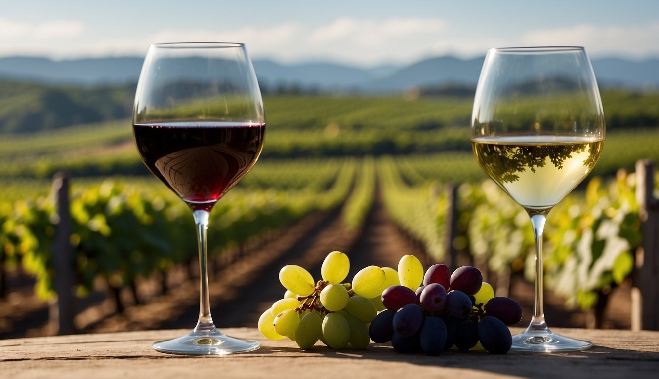 Two wine glasses side by side with a bottle of red and white wine, surrounded by grapes and a vineyard backdrop