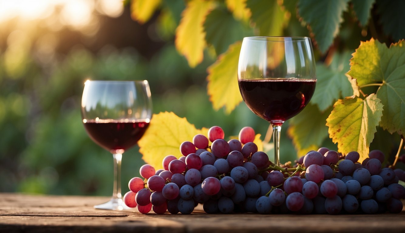 A glass of red wine sits on a rustic wooden table, surrounded by a cluster of deep red grapes.</p><p>A warm, inviting glow from the wine highlights its rich color, evoking a sense of health and vitality