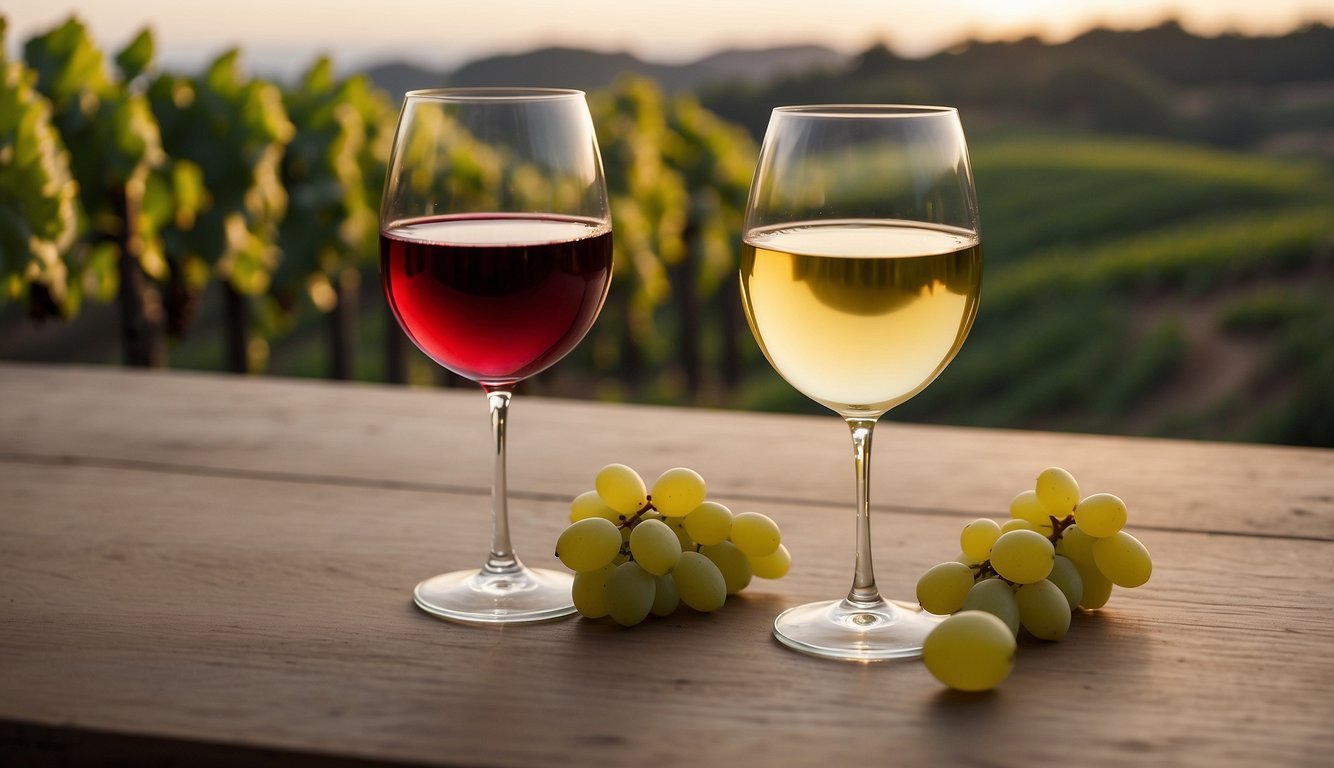 A glass of red wine sits next to a glass of white wine.</p><p>The white wine appears lighter in color, with a pale yellow hue.</p><p>The two glasses are set against a backdrop of a vineyard or wine cellar