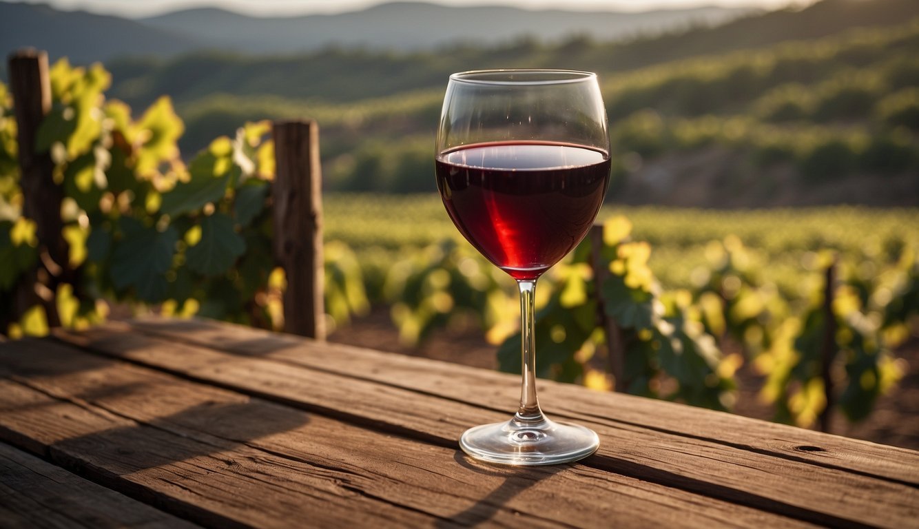 A glass of red wine sits on a rustic wooden table, surrounded by a vineyard landscape.</p><p>The deep red color of the wine is highlighted by the warm sunlight, showcasing its antioxidant properties